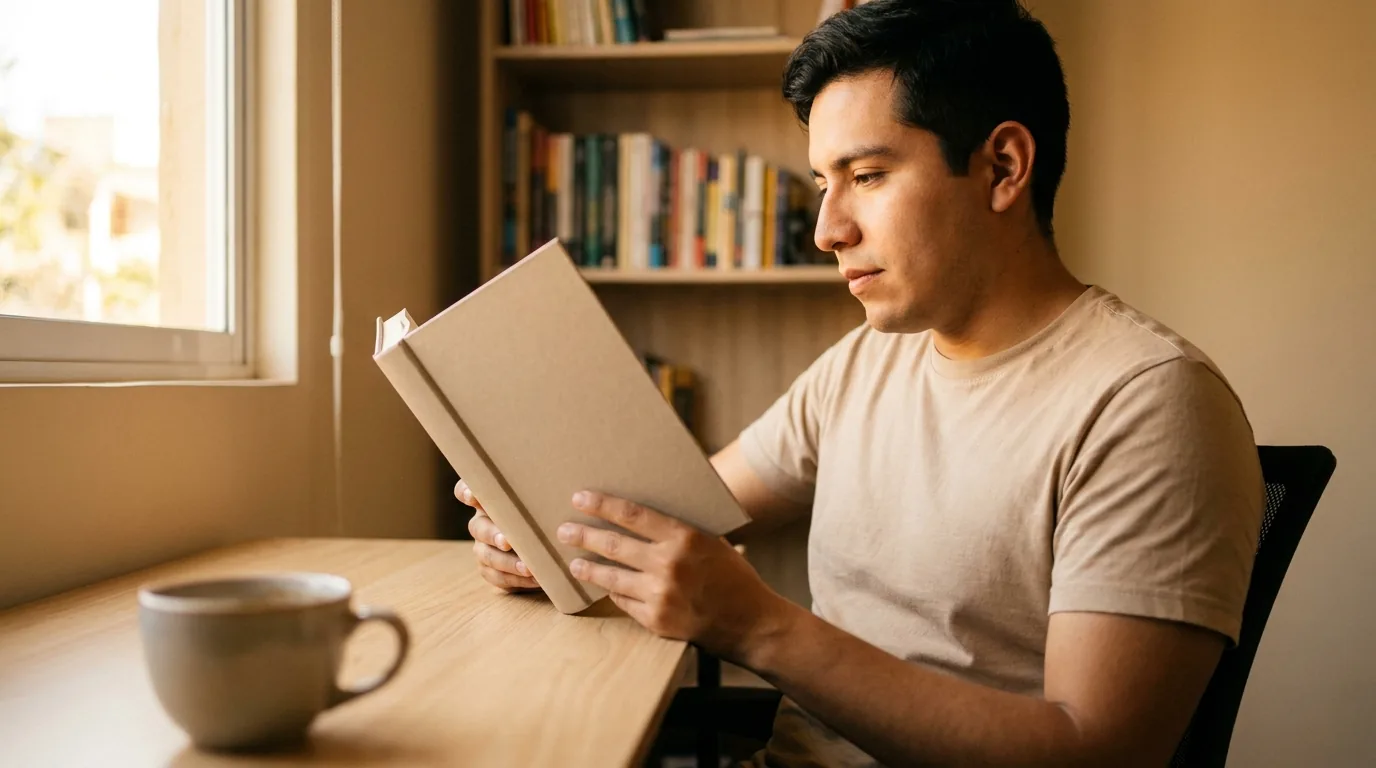Persona adulta leyendo con atención en un escritorio junto a una ventana con luz natural