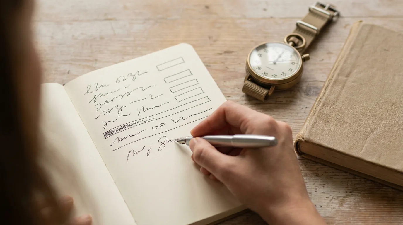 Cuaderno de práctica con anotaciones de seguimiento y un reloj analógico sobre un escritorio