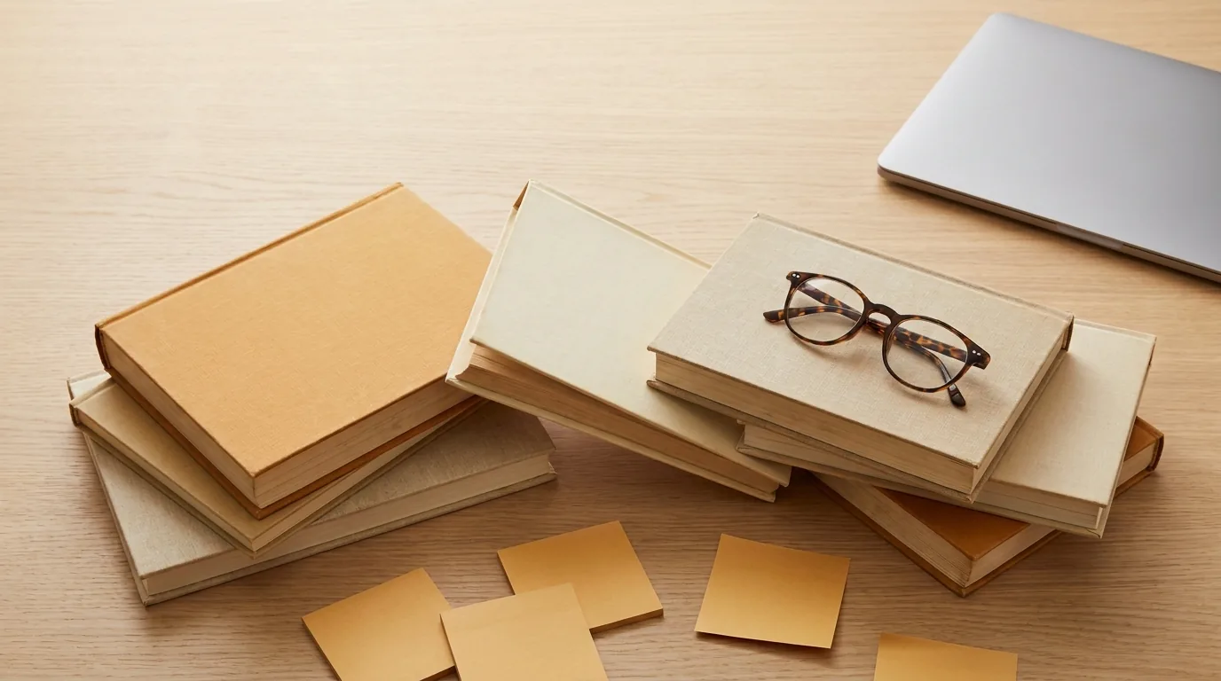 Mesa de estudio con libros, laptop cerrada y notas adhesivas junto a lentes de lectura