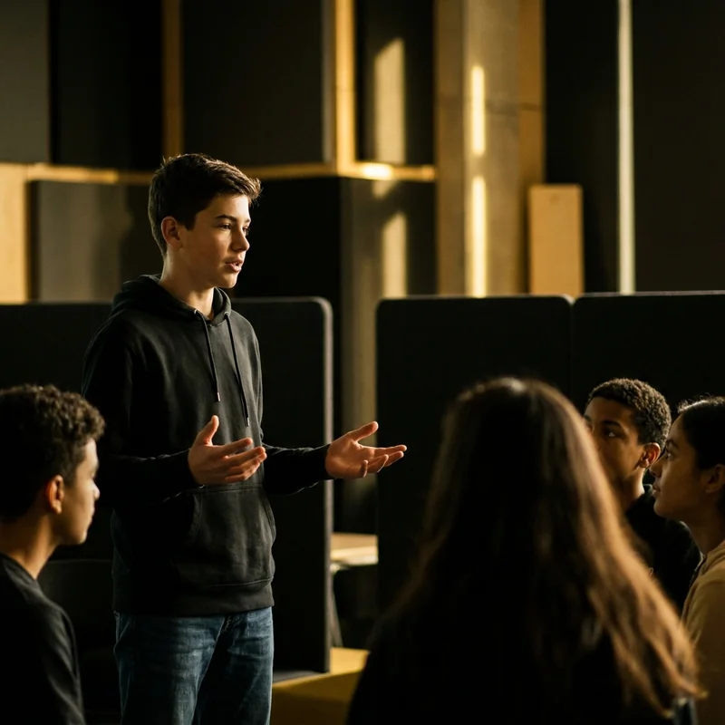 Adolescente presentando con seguridad frente a su equipo