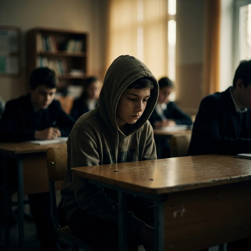 Ni&ntilde;o retra&iacute;do observando desde su lugar en clase