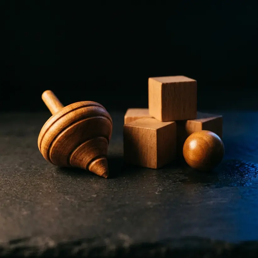Trompo de madera torneada, cubos y canica sobre pizarra oscura, el material de ludoterapia con el que se superan bloqueos emocionales al aprender