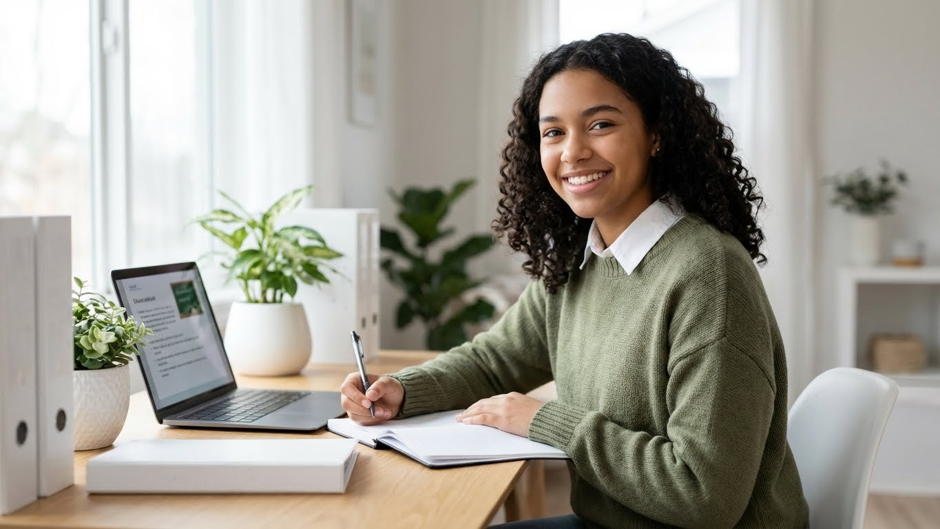 Estudiante feliz estudiando