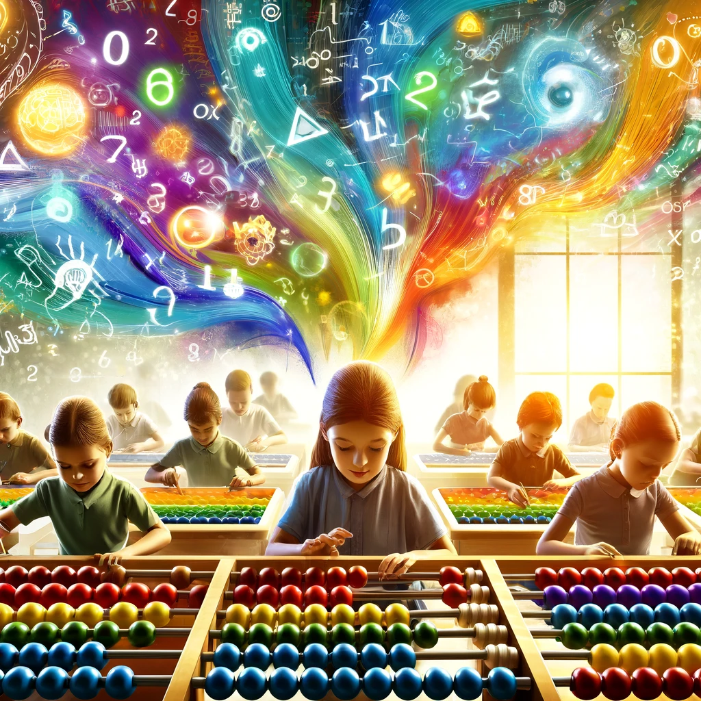 DALL·E 2024 04 20 12.58.22 Imagine a vibrant and dynamic classroom scene where children are actively engaged in learning mathematics through the Soroban abacus. Each child is fo