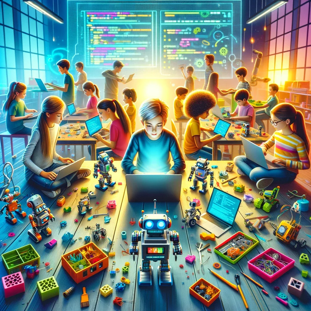 DALL·E 2024 01 05 14.23.54 A vibrant and engaging image for a robotics course for children. The image should depict a dynamic and colorful classroom environment with a diverse g