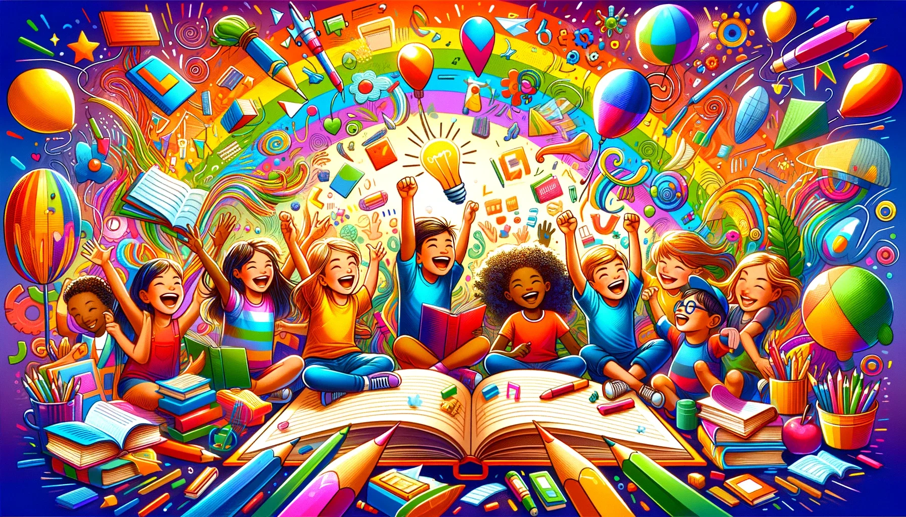 DALL·E 2024 01 04 16.45.28 Vibrant and captivating banner image for a Lectoescritura course webpage showing a diverse group of children joyfully participating in reading and 