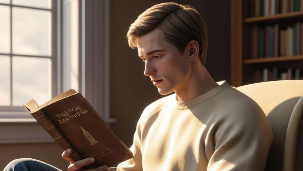 Las dificultades de leer "Así habló Zaratustra" de Friedrich Nietzsche y cómo facilitar su lectura 1 Ultravelozmente Elabora una imagen sobre un joven leyendo Asi hablo Zaratustra 1 Las dificultades de leer "Así habló Zaratustra" de Friedrich Nietzsche y cómo facilitar su lectura Ultravelozmente